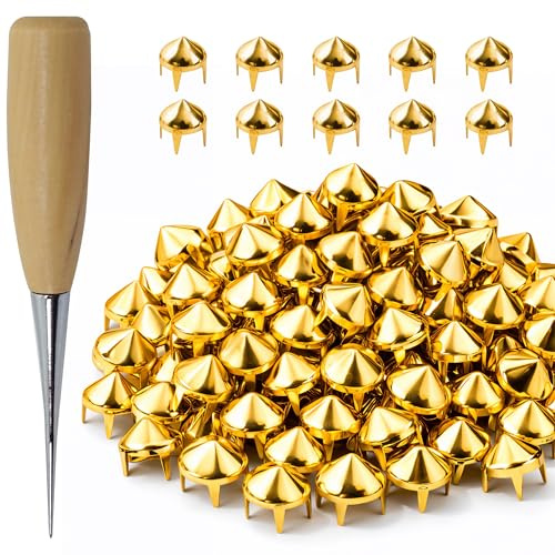 WedDecor Gold High Cone Rivet Stud Set (3 Sizes) - 4 Prong Metal Spikes with Wooden Awl Tool, Punk Gothic Studs for Leather, Denim Jackets, Footwear, Handbags & Craft Projects