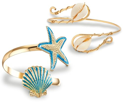 2PCS Gold Arm Cuff, Bohemian Festival Accessory, Layered Jewellery Styling, Starfish and Shell Design Arm Cuff, Adjustable Fit for Women, Nature-Inspired Arm Jewellery for Casual and Evening Wear