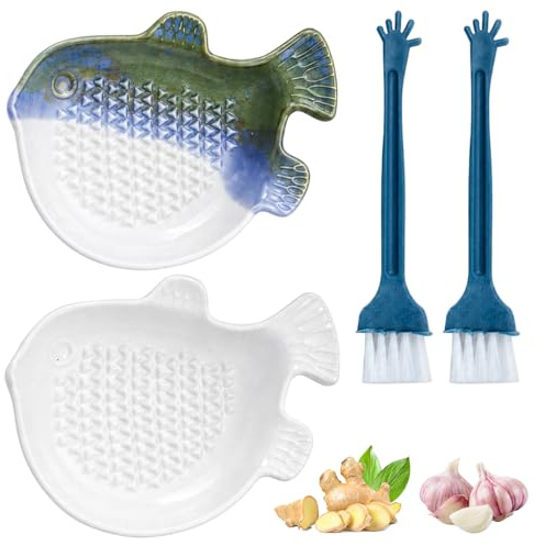 4Pcs Garlic Grater Plate Set, Includes One Fish Blue and One Fish White Grater Plate, Plus Two Cleaning Brushes, Compact Kitchen Grater for Ginger Tea and Baby Food
