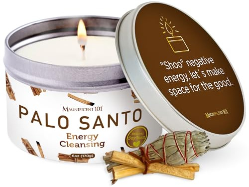 Magnificent 101 Palo Santo Smudge Kerze für Zuhause, Energiereinigung, Aromatherapie und Chakra-Heilung, natürliches Sojawachs, ätherische Öle, 170 g Dosenhalter
