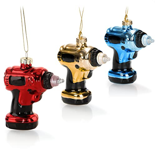 com-four® 3X Premium Christbaumschmuck, Deko-Bohrmaschine aus Glas | besondere Baumkugeln als Weihnachtsdeko - spezielle Weihnachtsbaumanhänger - hochwertige Christbaumkugeln