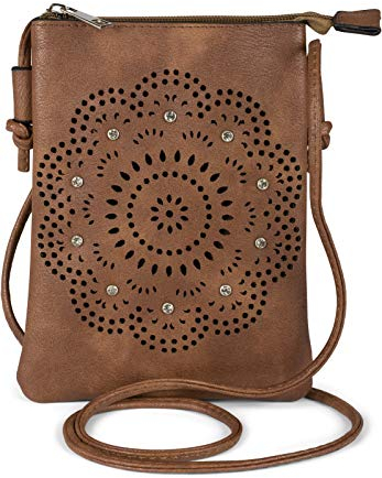styleBREAKER Damen Mini Umhängetasche mit Blumen Lasercut Cutout Muster und Strass | kleine Crossbody Bag Schultertasche Handytasche 14,5 x 19 cm, Farbe:Schokobraun