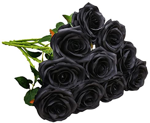 IUKnot Künstliche Rosen, 10 Stück, offene Blumenstrauß, schwarze Kunstrosen, Stiele für Hochzeitsarrangement, Brautstrauß, Tafelaufsatz, künstliche Seidenblumen