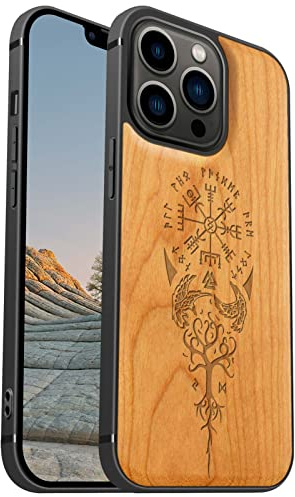 Carveit Étui en Bois pour iPhone 13 Pro, (Cerise-Viking Compas) | Bois Étui de Magnétique Téléphone Antichoc TPU, Protection Case Compatible Magsafe pour iPhone 13 Pro Coque