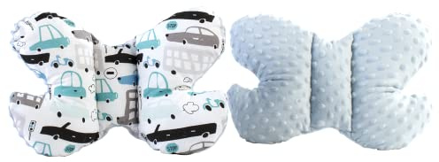 Medi Partners KOPFKISSEN Kinder Nacken Nackenstütze 100% Baumwolle/Minky Baby Nackenhörnchen für Auto Kinderwagen autofahrt Reisen Schlaf Hals Kissen Schlummerrolle (Cars mit hellblau Minky)