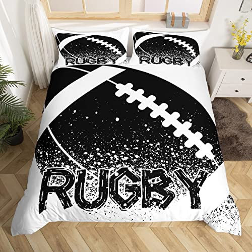 Homewish Rugby Duvet Cover Double Size Boys Ball Game Bedding Set Sports Game Black And White Comforter Cover Football Hobby Activity Bed Set European Sport Competitive Games Room Decor