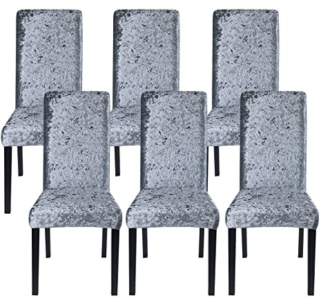 Jaotto Fundas para Sillas de Comedor Pack de 6,Modernas Fundas de Sillas de Comedor Respaldo Alto Elásticas Lavables Desmontables,Cubiertas para Sillas para Comedor Banquete,Brila Veluro Arĝenta Grizo