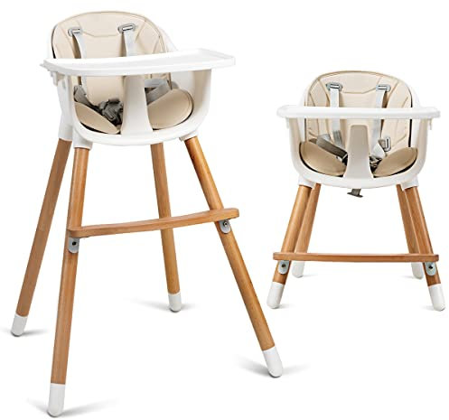 LIFEZEAL Baby Hochstuhl 2 in 1, Kinderhochstuhl mit Höhenverstellbarer Tisch, Mitwachsend Babystuhl ab 6 Monate, Kombihochstuhl mit Sicherheitsgurt & Fußstütze, Baby Highchair aus Holz