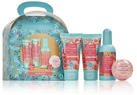 Tesori D'Oriente Ayurveda Aromatischer Duft, 100 ml, Dusche Creme 75 ml, Körpercreme 75 ml, Badebombe 100 g