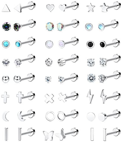 KALVICA 24 Pares Juego de Pendientes Pequeños para Mujer Acero Quirurgico Pendientes Hipoalergénicos Helix Cartilago Piercing Pendientes Circonita Estrella Luna Planos Pendientes