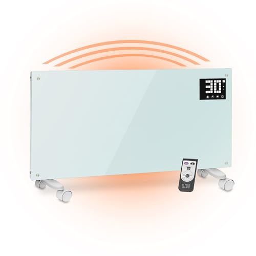 ULCANO Elektroheizung, Konvektor-Heizung mit Bodenrollen, Verstellbar, Elegantes, Gehärtetes Glas, Display-Touch, Timer, Strahlungskonvektor, Mehrfachschutzsysteme, Wandmontage, bis zu 2000 W, Weiß