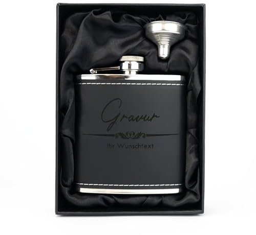Personalisierter Flachmann in Ledereinfassung inklusive Trichter und Geschenkbox Flachmann mit Gravur (Schwarz)