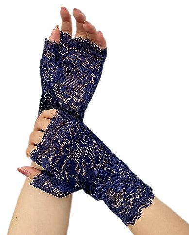 Wambere Spitzenhandschuhe,Fingerlose Handschuhe Vintage Fäustlinge Damen Spitze Stickerei Fingerlose Sonnenschutz Braut Handgelenk Handschuhe für Hochzeit Teeparty Zubehör Party Halloween,Navy blau
