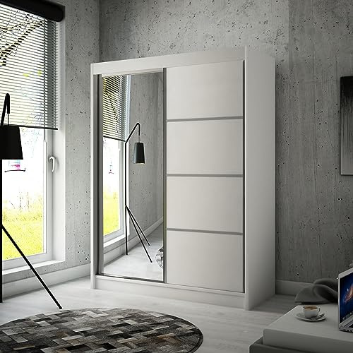 BEAUTY SOFA Mars Meble Armoire à Portes coulissantes Paco 120cm Armoire INCL. 2 Portes coulissantes Armoire avec Miroir Tringle à vêtements, Largeur : 120 cm, Couleur : Blanc