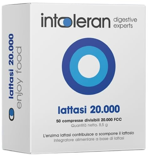Intoleran Lattasi 20.000 Enzima Digestivo - 50 Compresse divisibili | Enzima Lattasi per l'Intolleranza al Lattosio | Dose più alta | Vegano | Low FODMAP