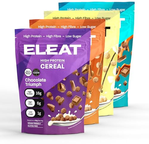 ELEAT | High Protein Cereal | Variety Pack Selection | Low Sugar Cereals | High Fibre Cereal | Supports Your Gut Health | Gluten Free Vegan Breakfast (4 x 250, Variety of 4)