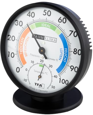 TFA Dostmann Präzisions Thermo-Hygrometer, 45.2033, zur Raumklimakontrolle, analog, mit Komfortzonen, Kontrolle von Temperatur und Luftfeuchtigkeit, Luftfeuchtigkeitsmesser (schwarz)