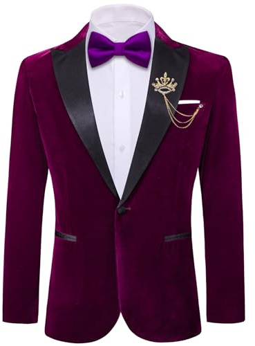 Barry.Wang Velvet Mens Blazer Mardi Gras Sport Coat Brooch Regular Fit Tuxedo Peaked Lapel Suit Jacket Carnival Parade Purple