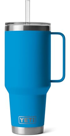 YETI Rambler 42 oz Tumbler with Handle and Straw Lid, Travel Mug Water Tumbler, Vacuum Insulated Cup with Handle, Stainless Steel, Big Wave Blue