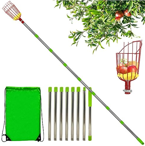 Quzente Strumento per Raccogliere Frutta, Raccoglitrice per Frutta con Asta Telescopica in Acciaio Inossidabile con Cestello,e Antiruggine Facile da Montare per Ottenere Mele, Alberi da Frutto