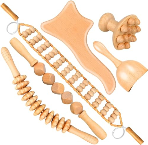 Binlingdaily 6Pcs Holztherapie-Massagegerät für Körperformung, Maderoterapia-Set gegen Cellulite, Lymphdrainage, gebogenes Holzmassagegerät, Tassenroller-Set für Beine, Bauch