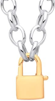 Jewelco London Ladies Rhodium & Yellow Gold-Plated Sterling Silver Oval Belcher Rolo Padlock Charm Necklace 18 inch