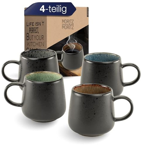 Moritz & Moritz Solid Set of 4 Coffee Mugs - Colourful Stoneware Cups with Black Exterior - Durable, Scratch-Resistant, Dishwasher & Microwave Safe - Stylish Mug Set for Coffee, Tea & Hot Drinks