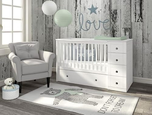 NAKA Babybett Gitterbett Kinderbett Mit Kommode Schubladen Baby 164 x 72 x 100,5 Kinderzimmer MDF Platte Bellamy Paso Doble Weiß