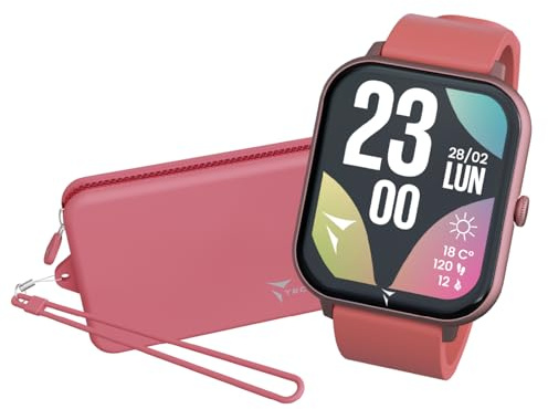 TECHMADE Smartwatch Glow, orologio digitale con pochetta incluso, schermo rettangolare full touch, chiamate, notifiche, funzione SOS, sport, compatibile con IOS e android (DARK ROSA)