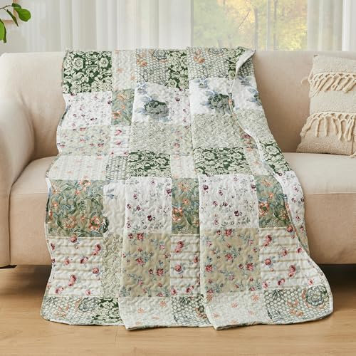 Qucover Single Bedspread, American Style Green Patchwork Pattern Bedspread, Lightweight and Breathable Polyester Ultrasonic Quilting Coverlet Quilted Throw 150x200cm