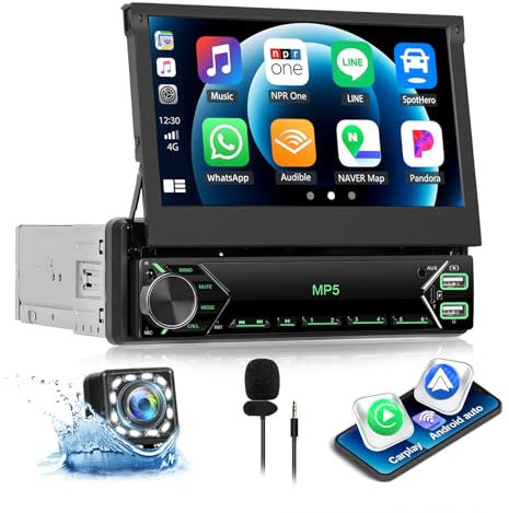 CAMECHO Autoradio 1 Din Wireless Carplay mit HD Rückfahrkamera, 7 Zoll Touchscreen Bluetooth Radio Manuelle Ausfahrbarem Display mit Android Auto Mirror Link FM Lenkradsteuerung 2USB AUX Typ-C Buchse