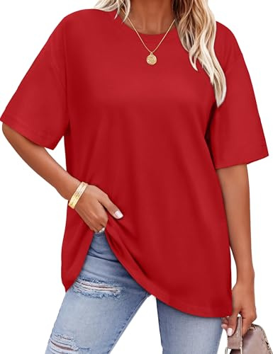 florynova Womens Tops Summer Oversized Tshirt Crewneck Short Sleeve Casual Blouse（Red，M