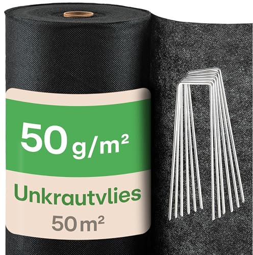 Praknu Unkrautvlies Gartenvlies 50m² mit 24 Erdankern - 50g/m² Wasserdurchlässig - Leicht zu Verlegen - Reißfest und UV-Stabile Unkrautfolie gegen Unkraut