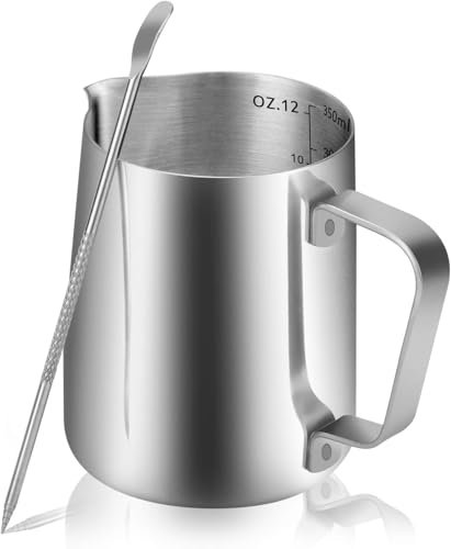 Kolamom Milchkännchen, 350ml / 12 FL.oz Milchkännchen Edelstahl mit Messung Mark, Barista Zubehör, Milchkanne für Cappuccino, Espresso, Latte Art, Kaffeeliebhabe, Silber