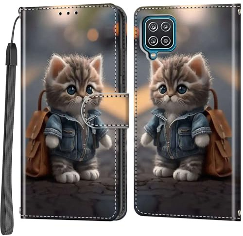 Salanheo Coque pour Samsung Galaxy A12, Chat | Housse en Cuir PU, Etui à Rabat, Pochette de Antichoc Portefeuille,Fentes Cartes, Fonction Stand Housse