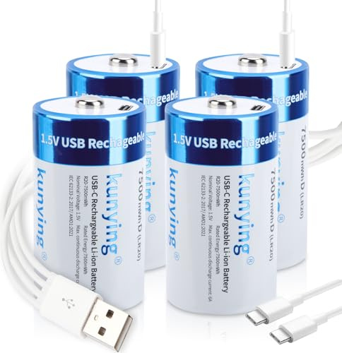 kunying 4 Pack Rechargeable D Batteries 1.5V 7500mAh Lithium, Long Lasting High Capacity D Cell Batteries with 4-in-1 Fast USB-C Charging Cable for Solar Lights, Floodlights, Toys & Emergency Devices