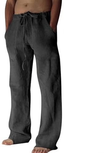 Litthing Pantalones de Lino para Hombre Pantalon de Jogging Algodón Pants Casuales de Verano con Bolsillos Color Sólido Pantalones Holgados con Cordón Pantalon Cómodos y Ligeros