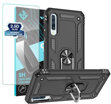 LBH Outdoor Hülle für Samsung Galaxy A50 mit Displayglas Armor Militär Stoßfest Handyhülle 360 Grad Metal Ring Halter Ständer Schutzhülle für Handyhalterung Auto Magnet Schwarz