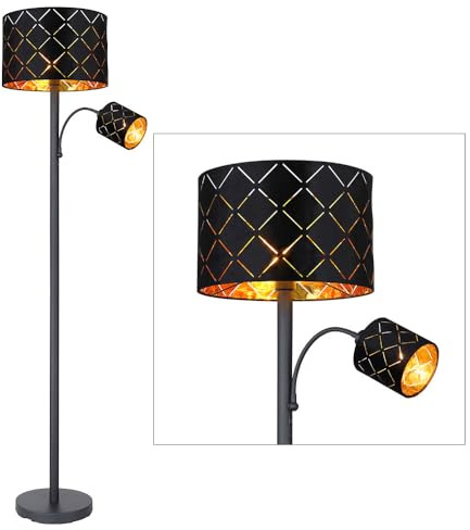 LED Stehlampe mit Leselampe Wohnzimmer Stehleuchte Leseleuchte Deckenfluter Schwarz Gold, Leselampe flexibel Dekorstanzungen, 1x E27 1x E14 LED, DxH 35 x 162 cm