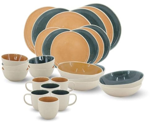 Artime - Service de Table 30 Pièces Coralia, Porcelaine Émaillée Réactive, Assiettes et Bols, Tons Beige Orange Vert, Collection A Création