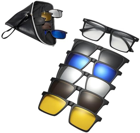 Tissting 2025 Nuovi Occhiali da Sole con Clip Magnetica, con 3 Clip per Lenti Polarizzate e 2 Clip Normali, Occhiali con Montatura Quadrata TR, Occhiali da Guida Notturna con Clip Retrò