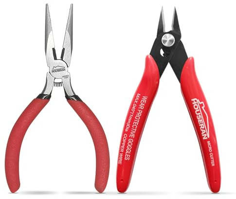 HOUSERAN Set de 2 Pinces Mini, Pince Coupe Ras Micro 13 cm & Pince à Bec Fin, Pinces à Ressort pour Découpe de Fil de Bijouterie pour Artisanat, Électronique, Maquettes, Attaches Câbles