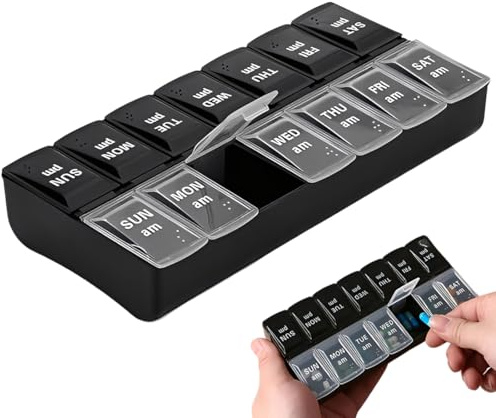 Portapillole 7 giorni 14 scomparti, Portapillole,contenitore pastiglie, organizzatore di pillole 2 volte al giorno, plastica PP per uso alimentare, con funzione antipolvere