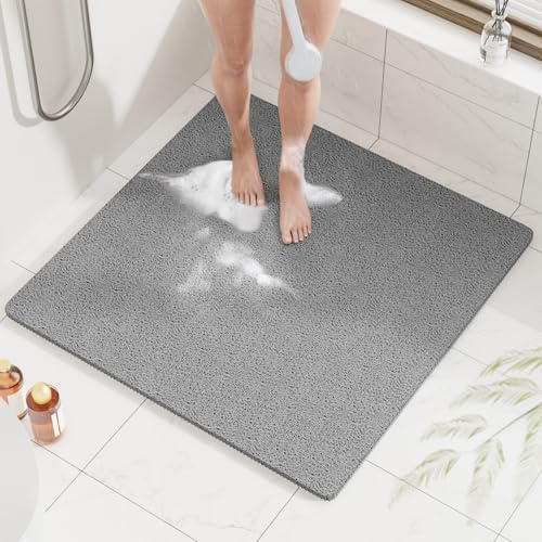 HITSLAM Duschmatte rutschfest, 78x78cm Badewannenmatte rutschfest mit Ablauf, Weiche PVC-Luffa Antirutschmatte Badewanne, Schnell Trocknende Badematte, Grau