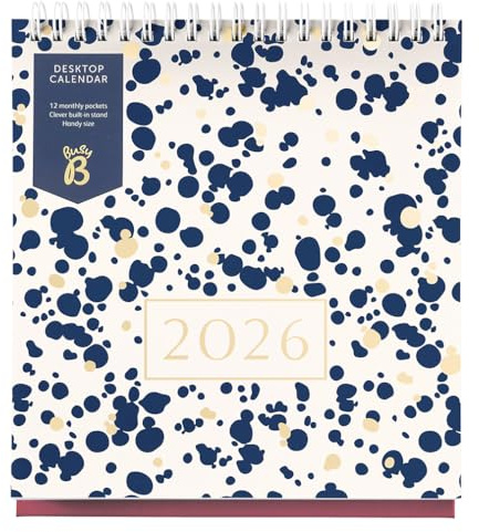 Busy B - Calendrier de bureau 2026 avec support intégré et reliure à rabat - Calendrier pour le bureau ou la maison - Planificateur annuel avec pochettes pour un planning organisé - Spray Bleu