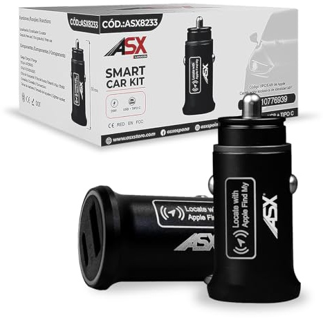 ASX Iluminación Adaptador USB Coche con GPS – Localizador Sin Suscripción Compatible con Apple Find My – Cargador USB-C para Mechero – Rastreador Vehículo, Antirrobo, Dual Fast Charge 45W