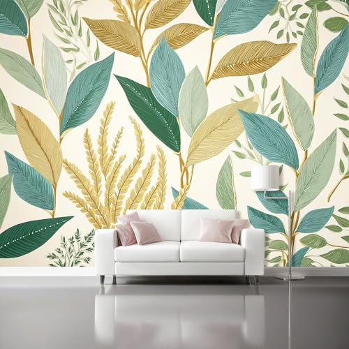 Fotomurales Decoración de la naturaleza con hojas de plantas Papel Tapiz Moderno 300 x 210 cm Papel pintado tejido no tejido coración Pared corativos Sala Living Oficina Dormitorio Oro verde