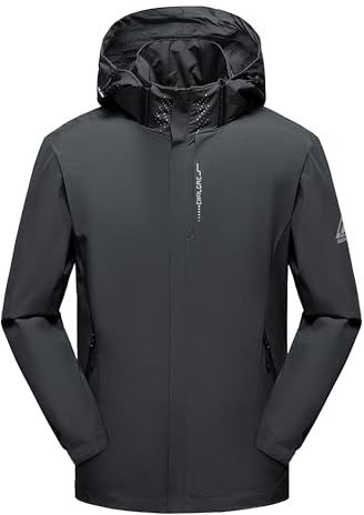 AMZSPORT Hombre Impermeable Chaqueta Cortavientos Ligera y Plegable Transpirable para Senderismo,Running,Viajes,Senderismo,Gris L