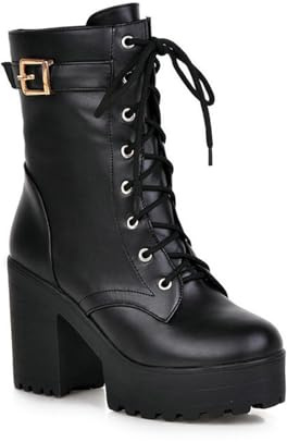 Botas De Combate Tacón Grueso Plataforma para Mujer con Hebilla,Negro,36 EU