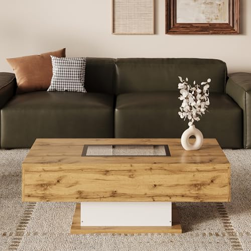 Table basse avec plateau en verre - Table de salon avec LED à changement de couleur - Table d'appoint avec deux tiroirs et espace de rangement ouvert - Bois de chêne sauvage et blanc - Table basse